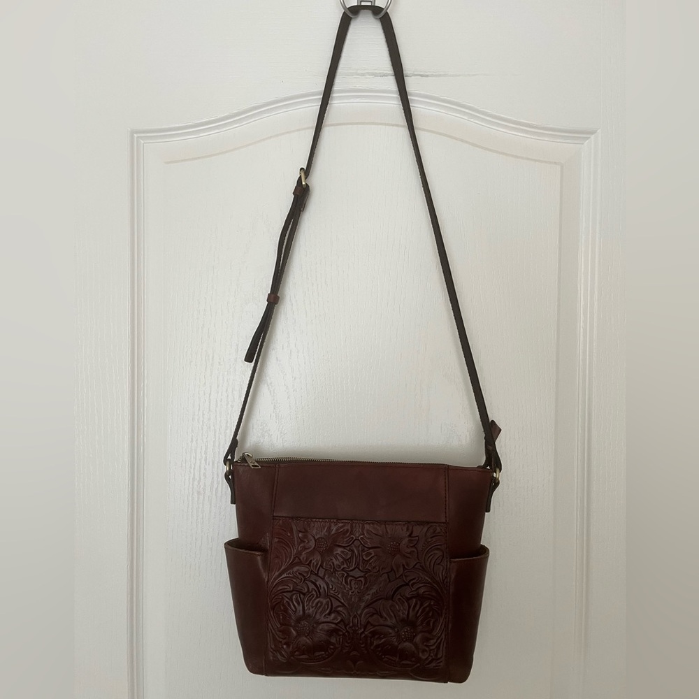 Patricia Nash Aveley British Brown Western Tooled Leather Crossbody Shoulder Bag - Picture 3 of 16